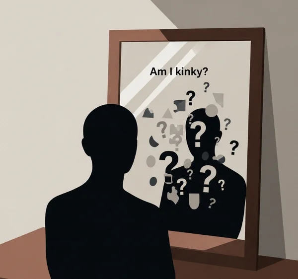 Symbolic image of a person looking in a mirror with question marks