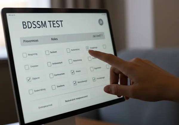 Gebruiker die een BDSM-testinterface op een scherm gebruikt