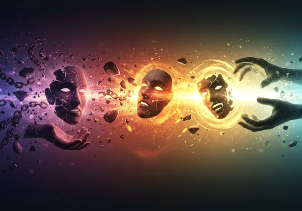 Abstract image of myths shattering into light of truth.