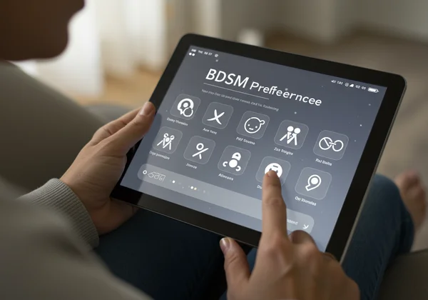 Person using a BDSM test on a tablet for self-discovery.