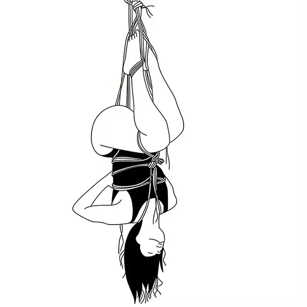 Minimalist BDSM art of a woman bound upside down