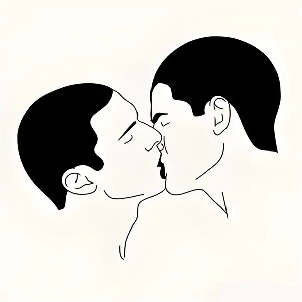 Minimalist BDSM art of two male figures kissing