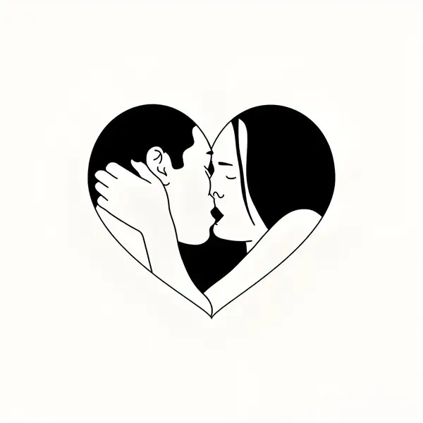 Two figures kissing encapsulated within a heart shape