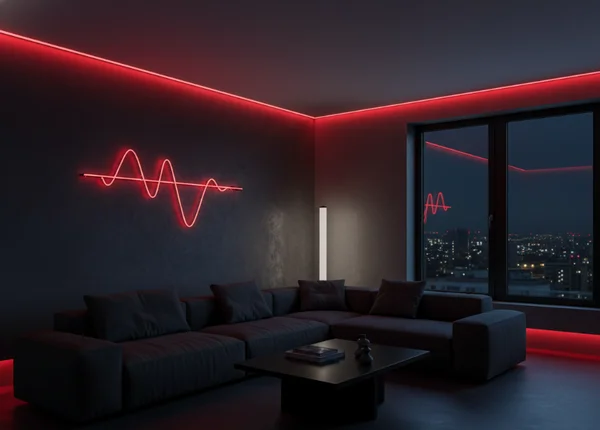 Ein stilvoller, schwach beleuchteter Raum mit subtiler roter Neonbeleuchtung, der ein Gefühl von sicherer, privater Erkundung hervorruft