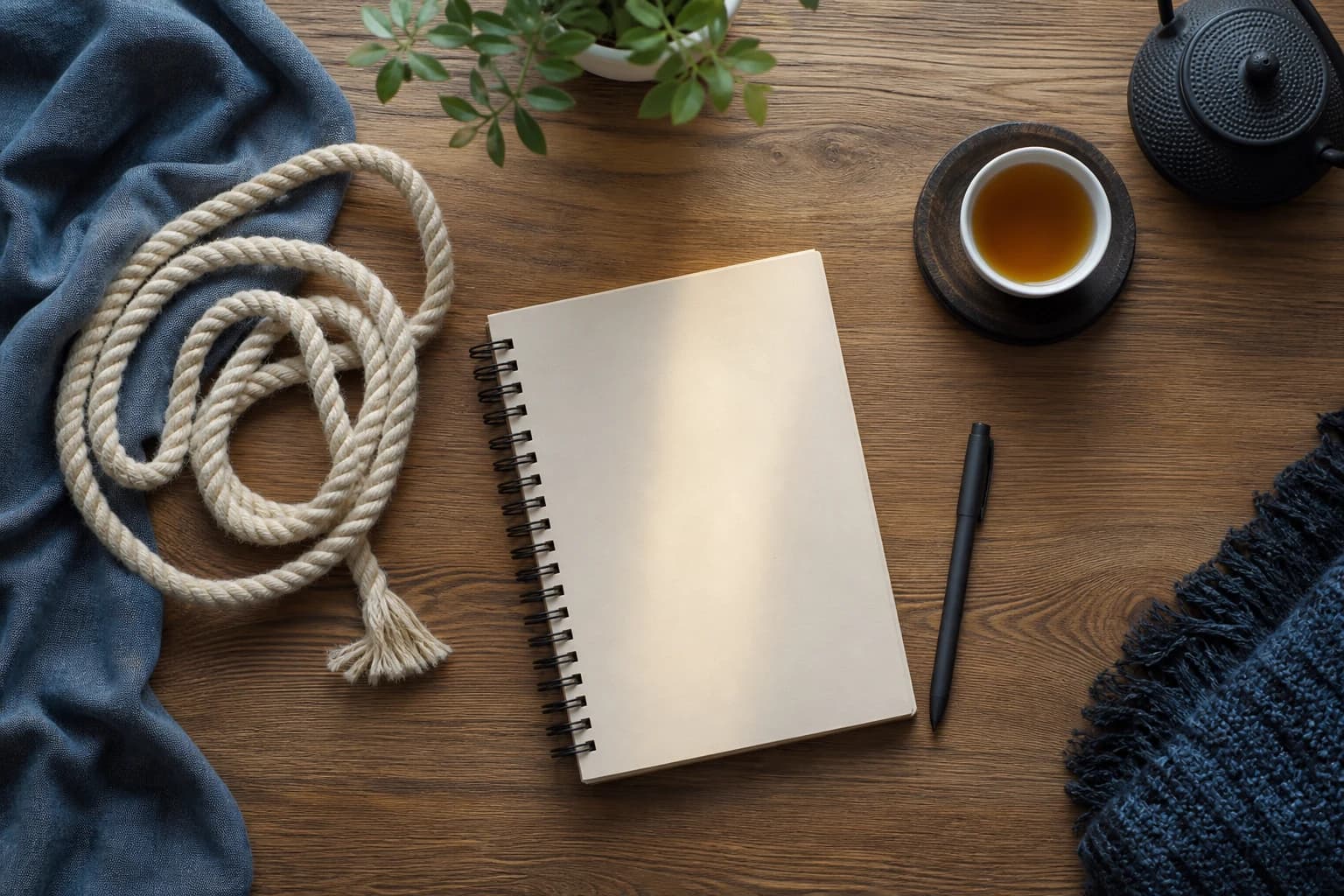 Riflessione privata con quaderno e corda