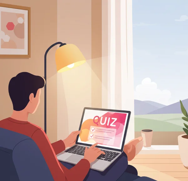 Illustration of a person comfortably taking an online test at home