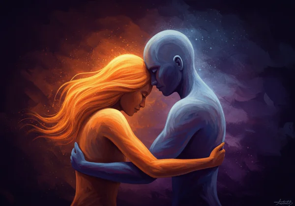 Hai hình trừu tượng trong một cái ôm an ủi, nhẹ nhàng.