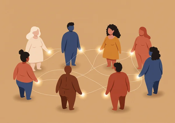 Diverse group forming a supportive circle, symbolizing a community.